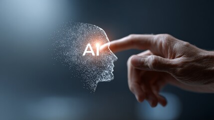 Businessman is pointing ai symbol consisting of glowing particles in futuristic digital interface representing machine learning, deep learning, big data, and cloud computing