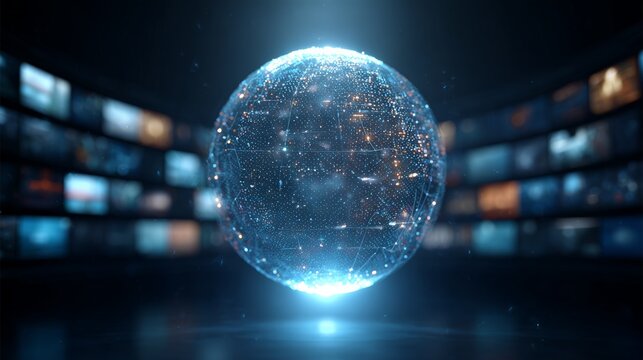 Futuristic digital earth globe rotating and glowing, representing global communication network with data flow and connections in a dark room with screens displaying various information