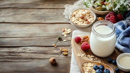 Healthy rustic breakfast with natural milk on wooden table