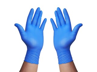 Obraz premium close up hand wearing blue medical glove, Latex Glove. isolated on white background.