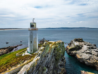 Godrevy Lighthouse from a drone, Godrevy Island, St Ives Bay, Cornwall, England