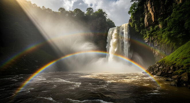 Majestic waterfall cascade illuminated by vibrant double rainbow and ethereal sun rays, creating a breathtaking natural spectacle of light and mist
