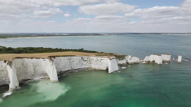 White Cliffs of Old Harry Rocks Jurassic Coast from a drone, Handfast Point, Dorset Coast, Poole, Dorset, England