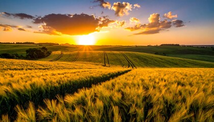 Fototapeta premium Golden sunset over a vibrant wheat field
