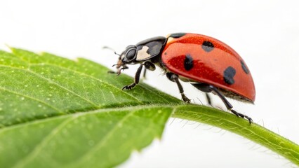 Fototapeta premium Ladybug on a Leaf: A captivating image of a vibrant ladybug, its iconic red shell adorned with black spots, delicately perched upon a lush green leaf, captured in vivid detail. 