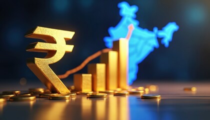 Golden Indian Rupee symbol with graph, India map, coins. Financial concept. Economic growth, investment, budget, finance, banking, market, currency, trade, profit, analysis, stock exchange.