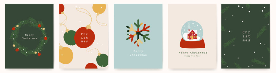 Merry Christmas and Happy New Year poster set with festive decorations, postcard layout, winter elements, and elegant holiday design for social media, greetings, and promotion.