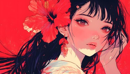 Fototapeta premium Stylish anime woman with flower in hair on red background