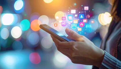 Woman holds smartphone displaying apps in city, illuminated by vibrant, colorful bokeh lights at night