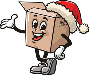 Cartoon cardboard box mascot wearing a Christmas hat