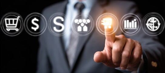 A business person's hand interacting with glowing digital icons representing commerce, dollar, charts, social media, and global connectivity