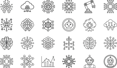 Artificial Intelligence Chip, Neural Network Brain, Cloud Technology, Data Analytics, Robotics Automation, Chatbot Assistant, Blockchain, IoT, Deep Learning, and Smart Digital Innovation Vector Set