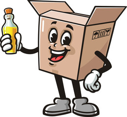Cartoon mascot of a cardboard box holding oil