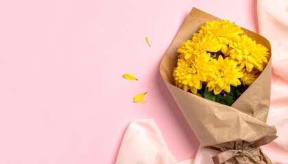Top view of a beautiful bouquet of yellow chrysanthemums wrapped in craft paper on a delicate pink background with copy space for text