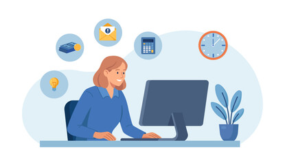 Business woman works on computer. Multitasking, business administration. Character performs multiple tasks for effective time management. Efficient employee performance, work accomplishment