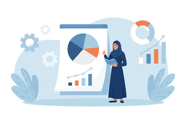 Muslim woman shows market results. Business leader present workflow on whiteboard outlining steps to finish project. Business presentation, professional discussing growth trends and key indicators
