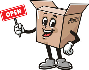 Cartoon cardboard box mascot holding an open sign