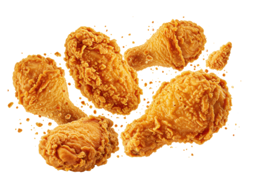 Golden-brown crispy boneless fried chicken pieces, perfectly seasoned, dynamically suspended in mid-air with scattering crumbs, against a transparent background. Concept for food advertising