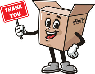 Cartoon cardboard box mascot holding a thank you sign