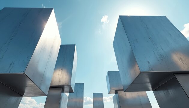 Futuristic architectural design features metallic cubes against bright sky background. Abstract geometric structures, shiny metal surfaces, modern technology concept. Urban city buildings abstract