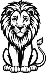 Obraz premium Detailed Black and White Lion Illustration, Majestic Sitting Lion Artwork, Powerful Lion Design, Wild Animal Portrait