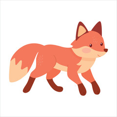 A cute, cartoon-style fox with orange fur and a bushy tail walks playfully. The fox has a friendly expression and is depicted in a simple, colorful design.