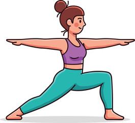 Young woman practicing warrior pose yoga exercise, wearing purple sports bra and teal leggings, fitness, balance, stretching, health