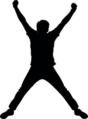 Vector art of silhouette of a man jumping with arms raised in celebration, transparent background