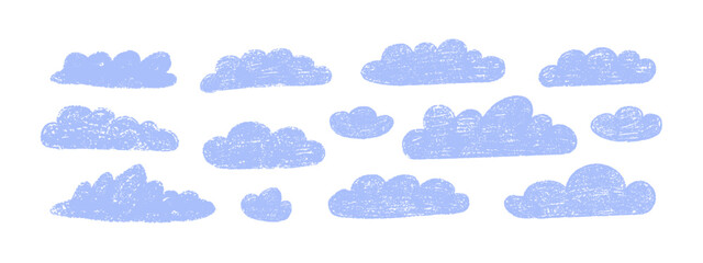 Abstract pencil cloud collection. Crayon drawn cartoon sky with grunge texture. Childlike doodle sketch style vector illustration isolated