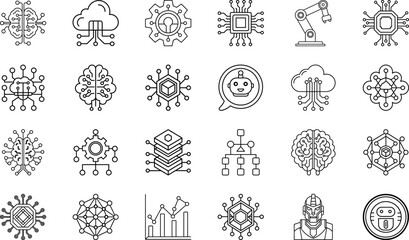Fototapeta premium Artificial Intelligence Chip, Neural Network Brain, Cloud Technology, Data Analytics, Robotics Automation, Chatbot Assistant, Blockchain, IoT, Deep Learning, and Smart Digital Innovation Vector Set