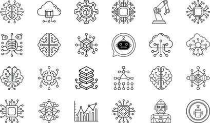 Fototapeta premium Artificial Intelligence Chip, Neural Network Brain, Cloud Technology, Data Analytics, Robotics Automation, Chatbot Assistant, Blockchain, IoT, Deep Learning, and Smart Digital Innovation Vector Set
