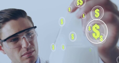 Male researcher tilting flask and causing green dollar icons to multiply, showing profit increase - Powered by Adobe