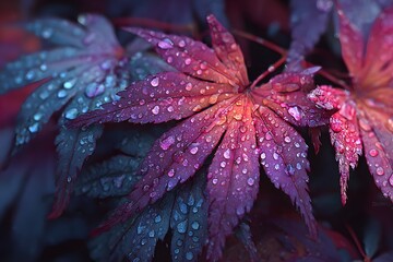 Cool‑toned macro of maple leaves with raindrops and soft blue‑magenta bokeh, elegant seasonal texture for premium branding, print design and web headers