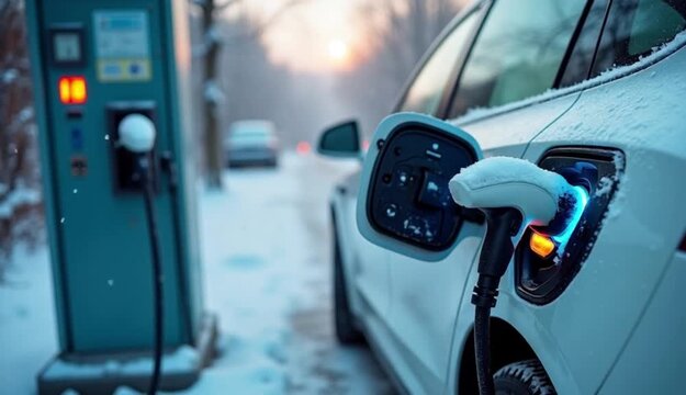 Charging an electric vehicle at a cold outdoor charging station during winter