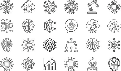 Artificial Intelligence Chip, Neural Network Brain, Cloud Technology, Data Analytics, Robotics Automation, Chatbot Assistant, Blockchain, IoT, Deep Learning, and Smart Digital Innovation Vector Set