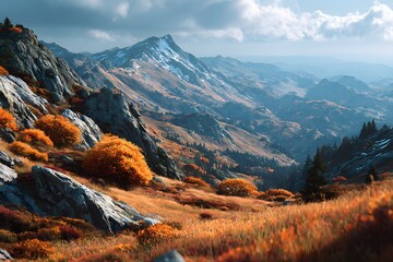 Rugged mountain range with rocky ridges and warm autumn slopes under crisp sky, classic outdoor landscape for travel marketing and editorial stories