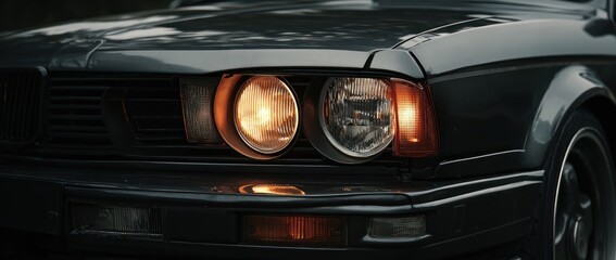 Close-up of a vintage dark-colored car's front, highlighting the turned-on headlights with an orange glow, grill, and other details