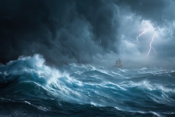 Fototapeta premium Dark Stormy Sea With Sailing Vessel And Lightning
