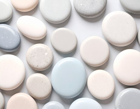 Pastel beige, white, grey and blue round flat marble stones surface background.