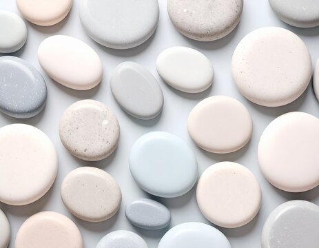 Pastel beige, white, grey and blue round flat marble stones surface background.