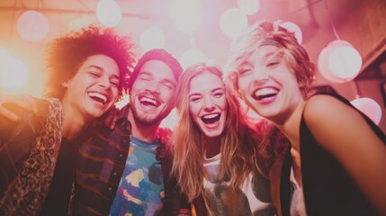 Happy diverse group of young adults laughing together at a party friends