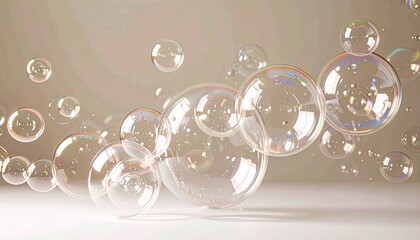 Floating soft soap bubbles on toned pastel surface as background.
