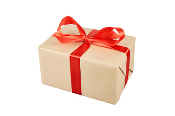 brown paper christmas gift box with red ribbon bow isolated on white or transparent png