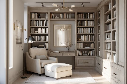 A cozy corner study with built-in bookshelves and an armchair.