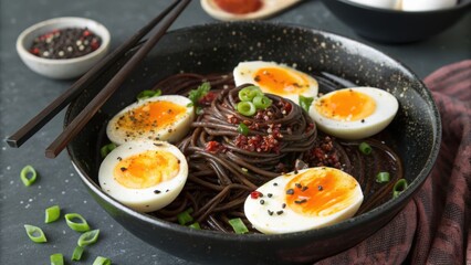 Delicious ramen bowl topped with soft boiled eggs and scallions