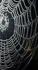 Fototapeta premium Delicate spiderweb intricately adorned with glistening water droplets, showcasing a beautiful and detailed network against a dark background.