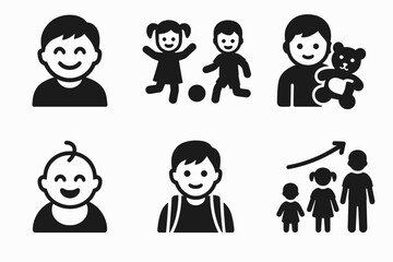 Playful child icons set including boys and girls with toys and growth chart