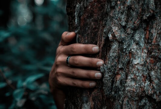 Close-up depicts a hand, adorned with a ring, gripping the textured bark of a tree against a blurred backdrop of foliage in muted tones