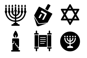 Hanukkah symbols: menorah, dreidel, star of david, candle, torah scroll