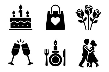 Celebration icons: cake, shopping bag, roses, toasting glasses, candlelit dinner, dancing couple